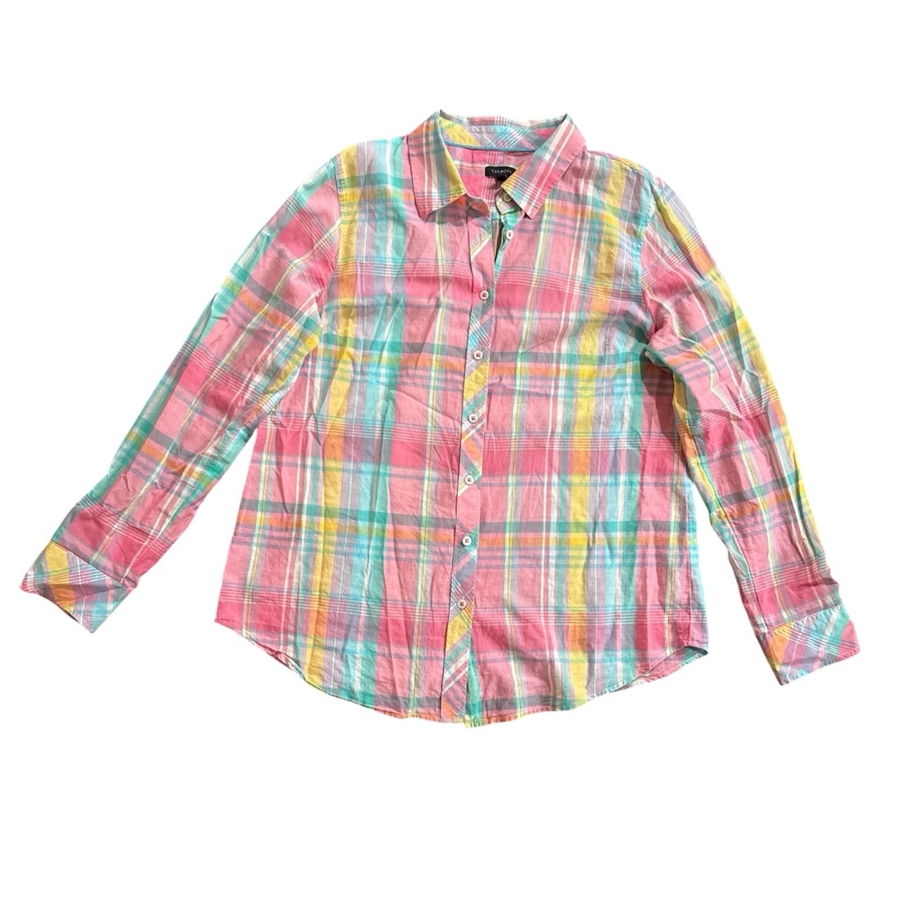 Talbots EUC Multicolored Spring Plaid Cotton Button-Up Shirt long sleeve Size M